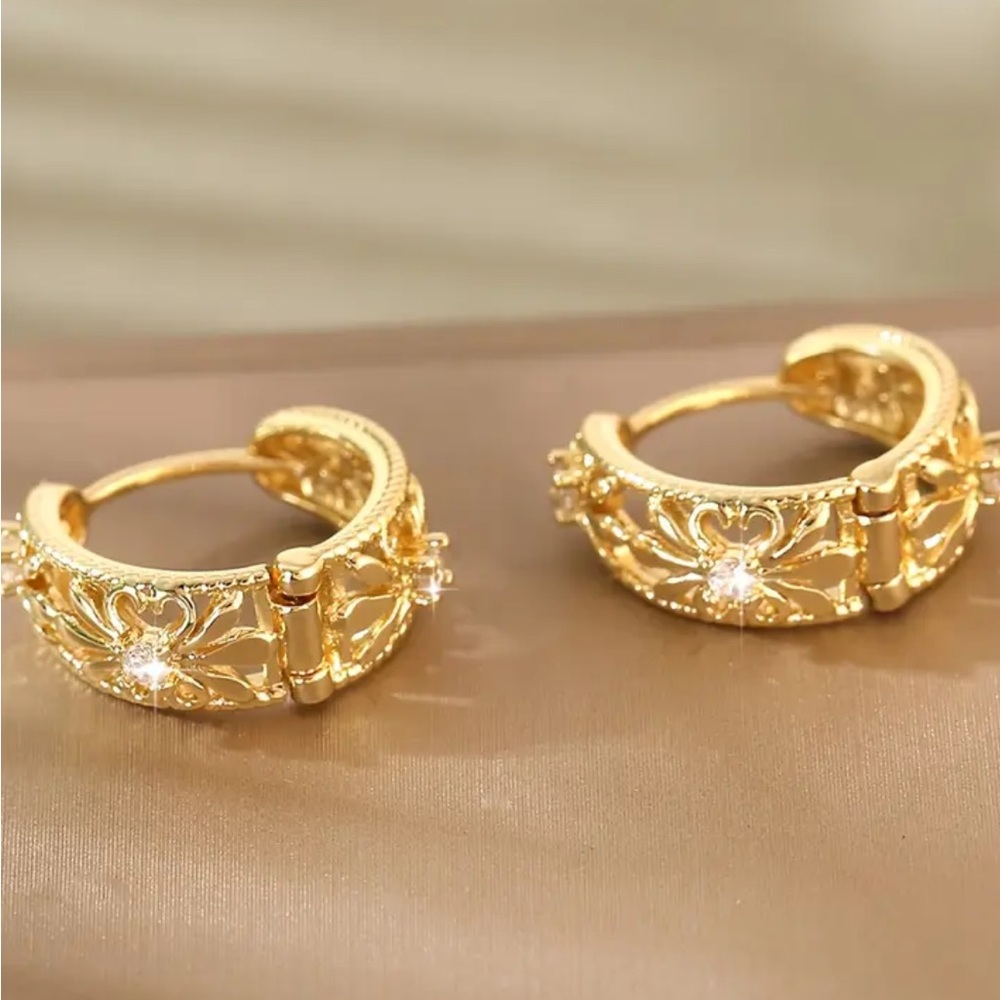 18k Gold Plated Simulated Diamond Huggie Earrings - Picture 2 of 5
